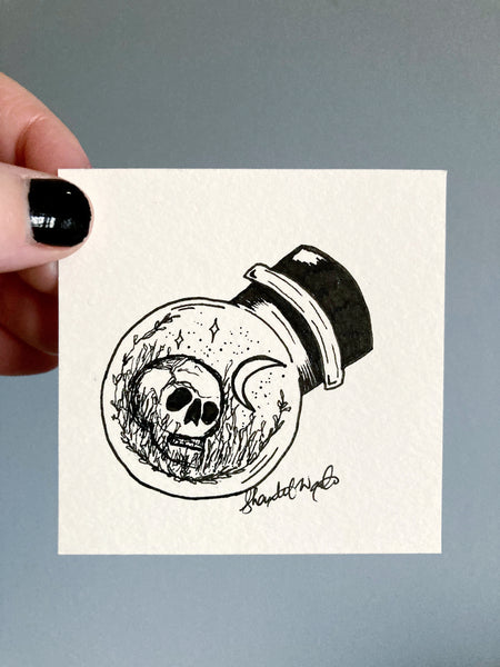 Original ink art Skull in a Bottle