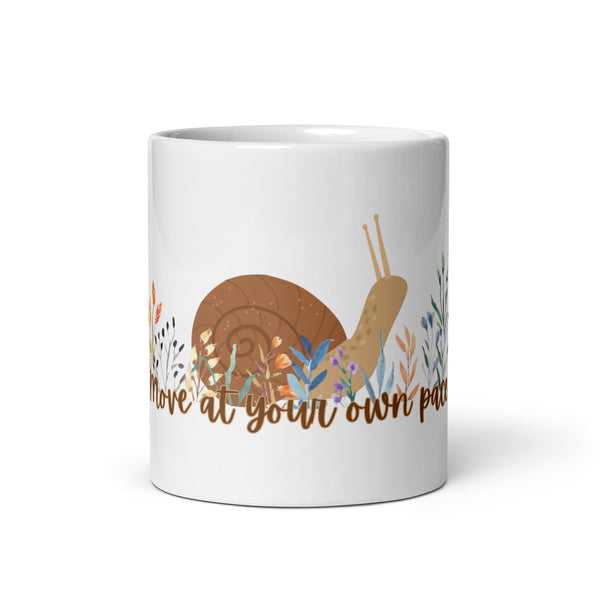 Move At Your Own Pace White glossy mug