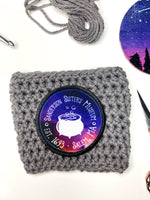 Witch Sisters reusable crochet coffee cozy